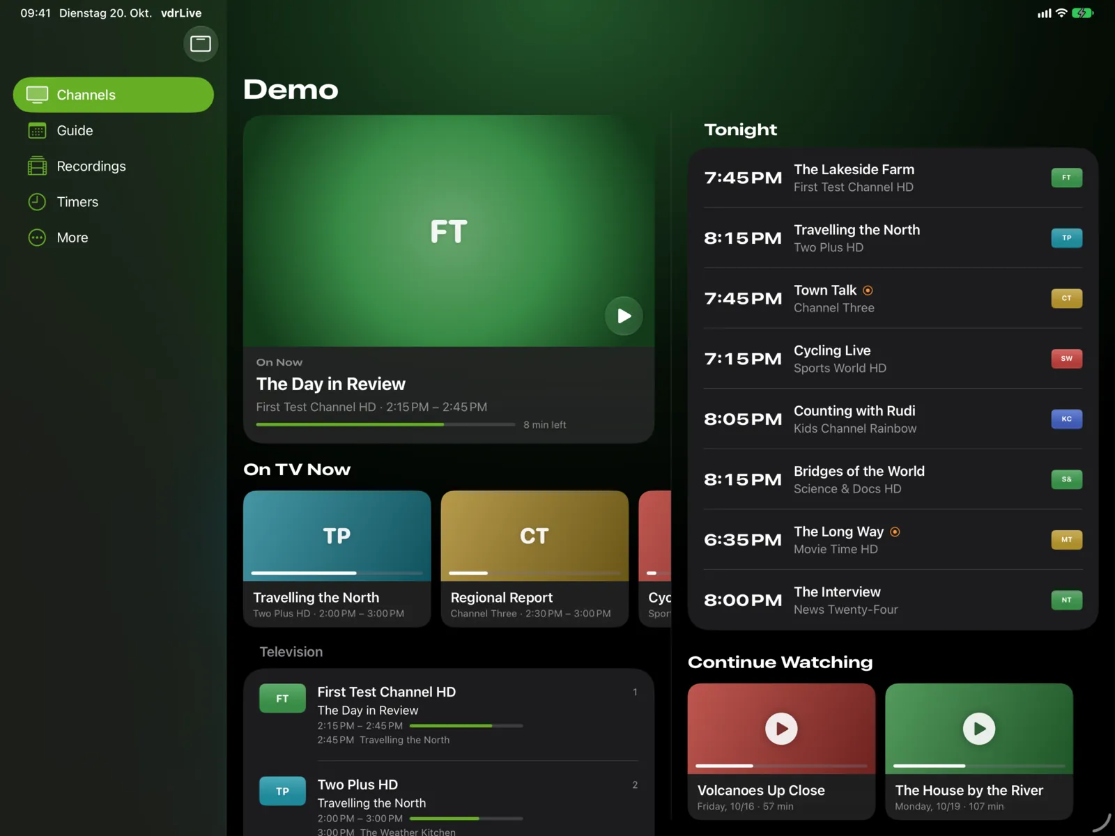 Home screen on iPad: current program, on TV now and tonight in two columns