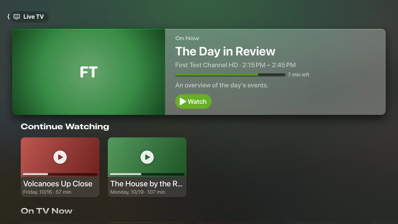 Home screen on Apple TV with the channel watched last